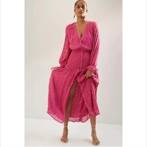 NWT Anthropologie Smocked Maxi Dress M $180 HTF Pink Gold Long Sleeve